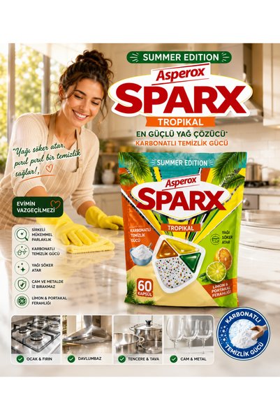 Genel Markalar Asperox SPARX Tropikal Bulaşık Makinesi Kapsülü 60’lı – Karbonatlı Güçlü Yağ Çözücü, Narenciye Ferahlığı, Summer Edition