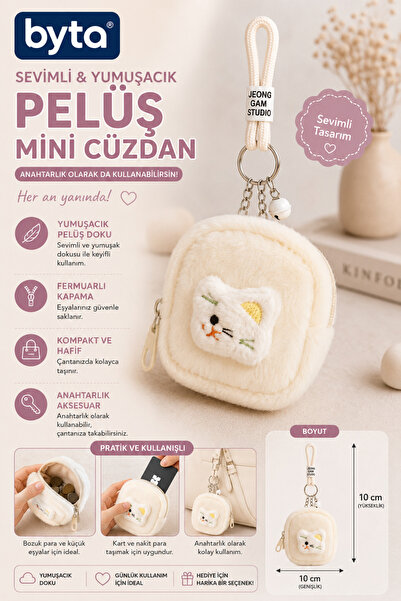 BYTA Plush Cat Figured Mini Wallet Keychain with Zipper 10X10 cm - Gift