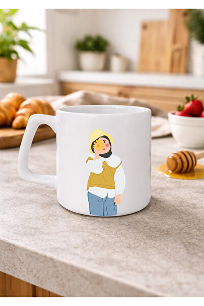 Eylül Design Printed Mug with Hijab Girl Design, Minimal Design, Luxury Coffe...