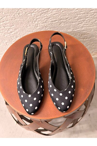 Beyond Women's Black Polka Dot Open Back Satin Buckle Ballerinas 1cm Byndmtf03
