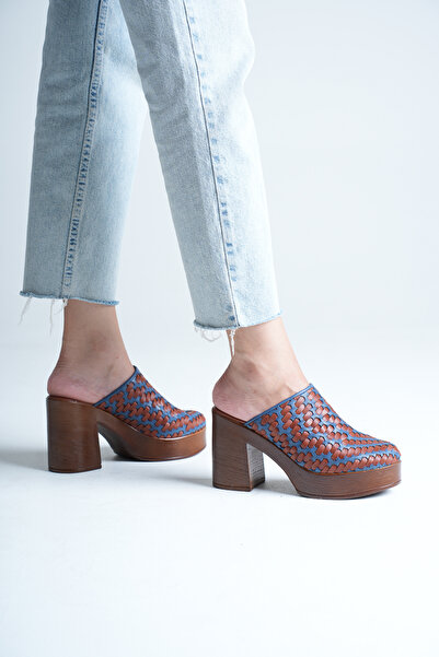 ANALİN SHOES Women's Genuine Leather Platform Heeled Braided Slippers