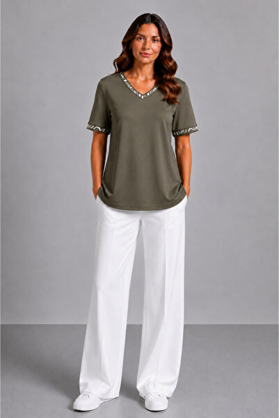 bihan store Women's V-Neck Stripe Detailed Short Sleeve Blouse Y26-855 - Khaki