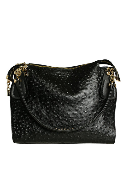 Platin Black leather ostrich print women's shoulder bag