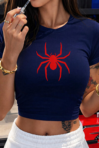 ZAVIXO Γυναικείο μπλουζάκι Crop Slim Fit με στάμπα κόκκινης αράχνης, 100% βαμ...