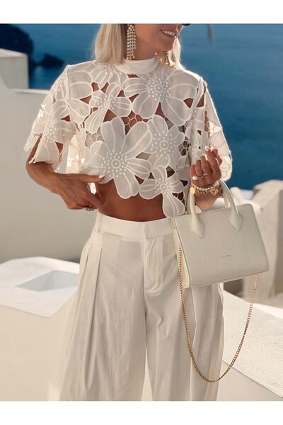 neslihansarıca Blouse, Embroidered Lace Detail Blouse