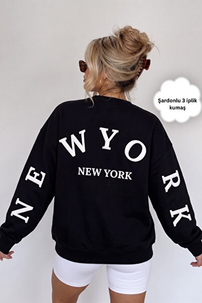 The Champ Clothing Women's Oversize Sweatshirt Wyo Ny Printed Black – Crew Ne...