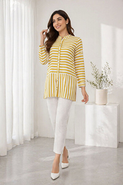 Sementa Hakim Collar Striped Tunic Shirt - Mustard