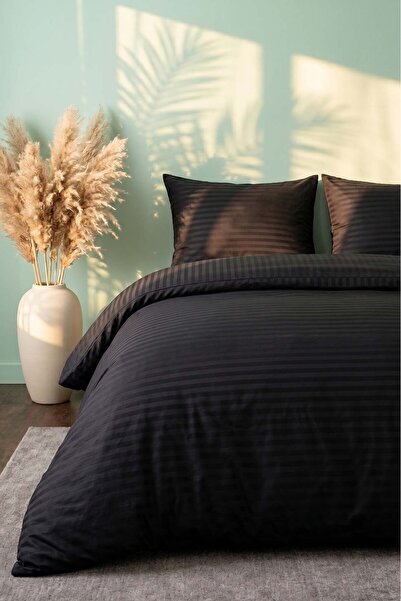 Rivaİstanbul Elite Black Striped Satin Double Duvet Cover Set - 4 Pieces
