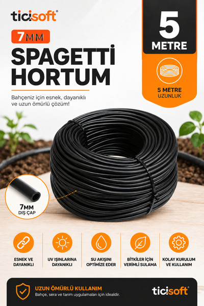 Ticisoft 5 Metre 7 mm Spagetti Hortum Damla Sulama ve Mikro Sulama Sistemleri...