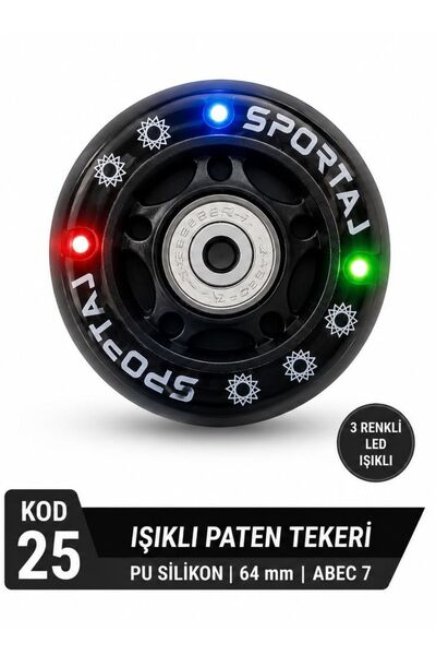 Sportaj 64 mm Renkli Led Işıklı Siyah Paten Tekeri PU Silikon Abec 7 Rulmanlı...