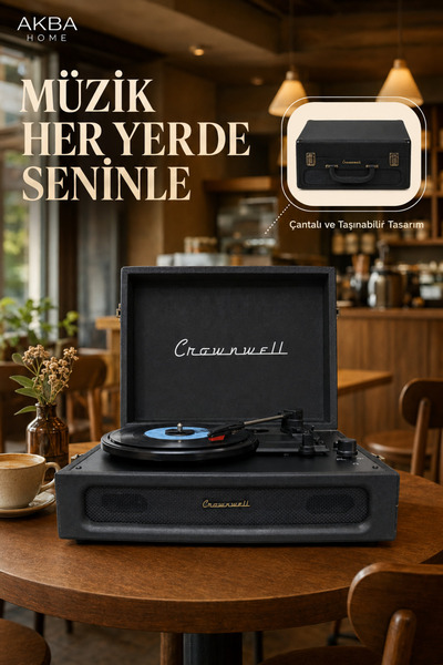 crownwell Çantalı Bluetooth Pikap Nostaljik Retro Plak Çalar 33/45/78 Devir T...
