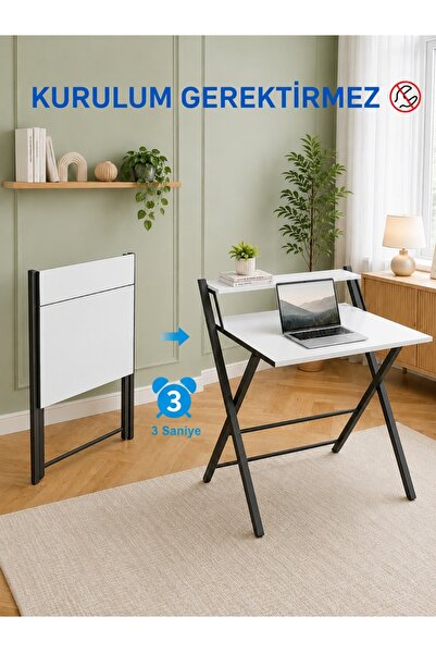 AYZ Metal Ayaklı Laptop Masası Katlanır Çalışma Masası Raflı Masa Katlanır La...