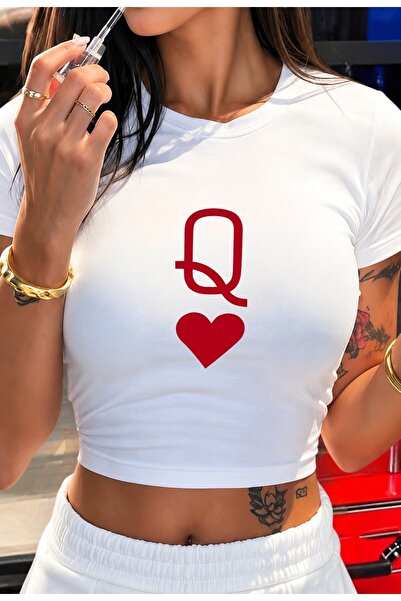 ZAVIXO Γυναικείο T-shirt Crop Slim Fit Queen Heart με στάμπα, 100% βαμβάκι – ...