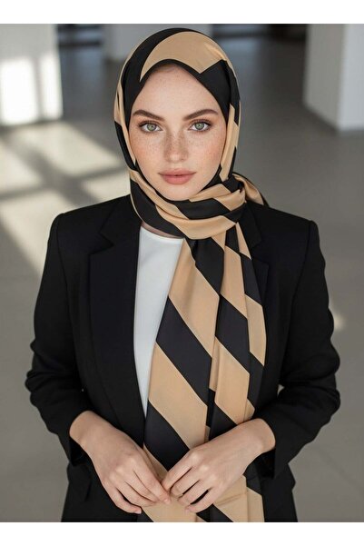 Vissona %100 Saf İpek Şal İnce Saten Vual Dokuma Çizgili Desenli Gold - Siyah...