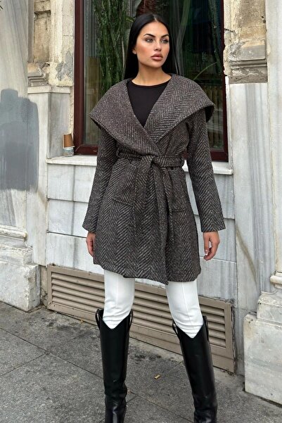 Moda4x4 Women's Clothing Brown Herringbone Patterned, Double Breasted Collar,...