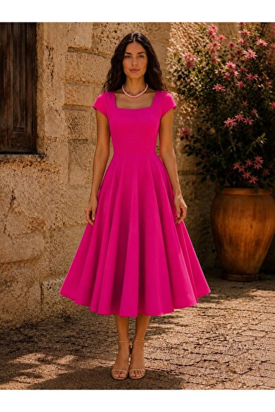 KÜÇÜĞÜM BUTİK Fuchsia Square Neck Multi-Piece Flared Dress