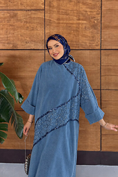 Miss Allos فستان نسائي من الدنيم بأكمام جناح الخفاش مطرز بالترتر