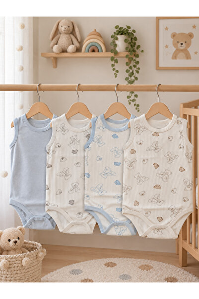 Bulut Anne ve Çocuk Askılı çıtçıtlı body %100 pamuklu 4'lü paket 3 ayıcık des...
