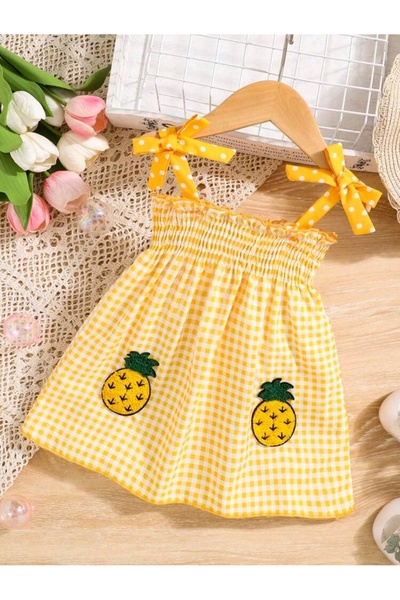 OEM Rochita fetite in carouri alb-galben si imprimeu ananas, 2-3 ani, 92-98 cm