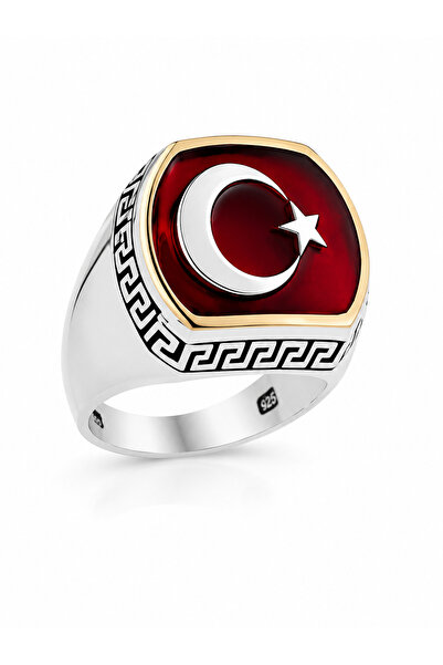 925 Ayar Gümüş Ay Yıldız Erkek Yüzük – Kırmızı Mineli Türk Bayrağı Motifli Erkek Gümüş Yüzük