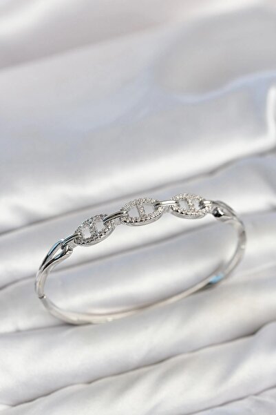 TakÇalıştır Silver Color Ship Chain Model Zircon Stone Women's Handcuff Bracelet