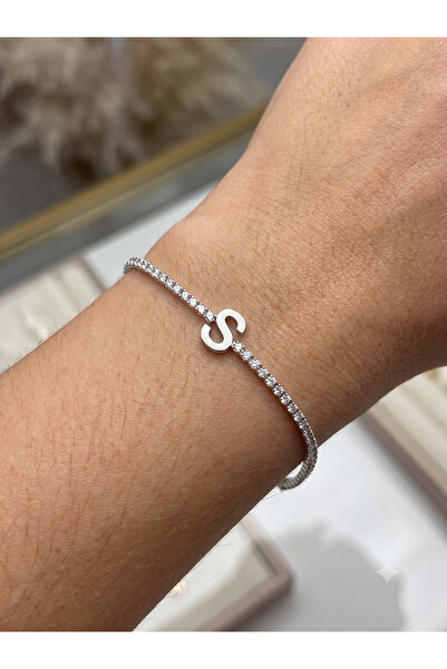 BİJU YILMAZ Steel Letter Bracelet with Stones Silver S