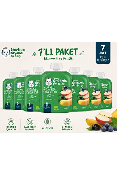 GERBER Organik Muzlu Yabanmersinli Böğürtlenli Elma Püresi 90g x 7 Adet