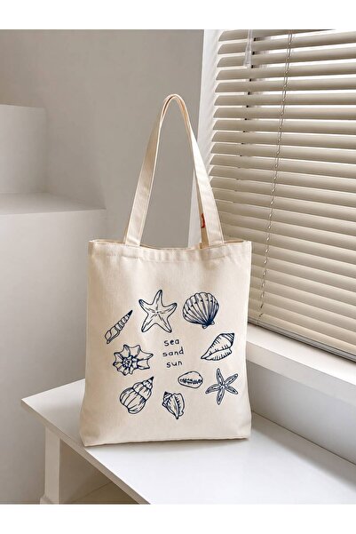 Pranvera Deniz Kabuğu Desenli Bez Çanta, Yazlık Pinterest Tote Bag
