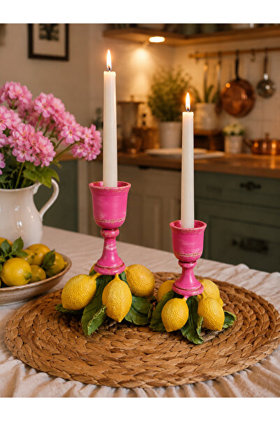 Eski Mahzen Design 2 Adet Polyester Limon Figürlü Şamdan Takımı (18-13 cm)