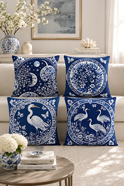 EVPANYA Blue World Storks Patterned 4-Piece Throw Pillow Cover Set