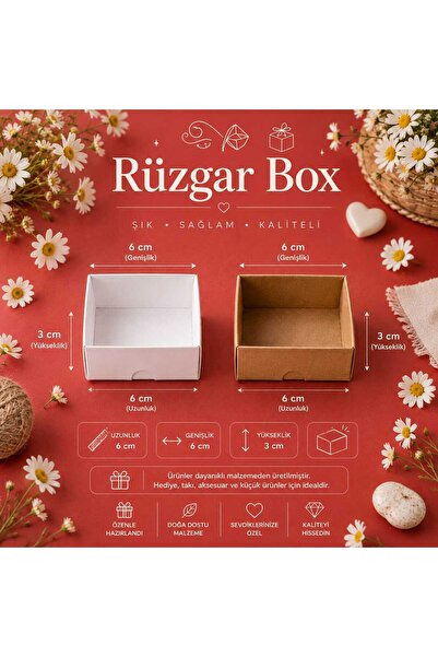 RUZGARBOX 6x6x3 cm Asetat Kapaklı Kraft Hediye Kutusu 25'li Paket