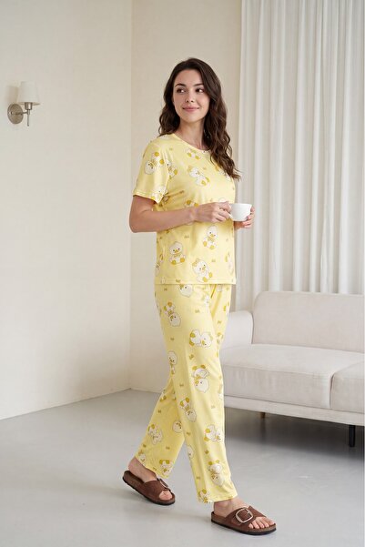 Modamorfo Duck Patterned Crew Neck Short Sleeve Combed Cotton Pajama Set - Ye...