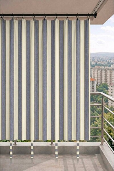 SHY TEKSTİL Gri-Krem balkon perdesi halkalı bağcıklı suya dayanıklı dış mekan...