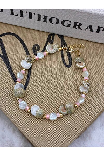 Hedef Bijuteri Gold Detailed Bohemian Seashell Anklet with White Pearls and P...