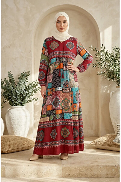 sefamerve Viscose Fabric Patterned Hijab Dress 5592-03 Claret Red