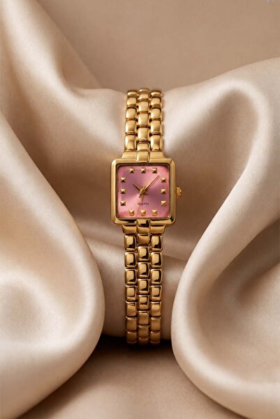 GANYMET Cantien Women's Wristwatch Gold Steel Band Square Case Pink Dial Quar...