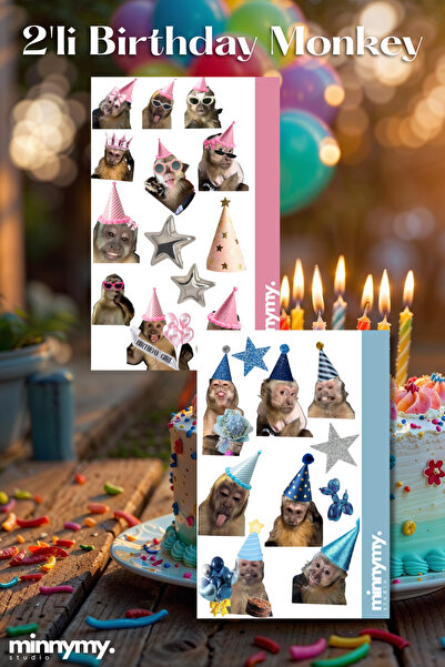 Minnymy 2'li Birthday Monkey Collection Sticker, Çıkartma, Ajanda, Günlük, Pl...
