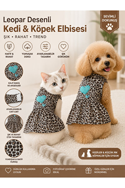 Daisy Leopar Desenli Kedi ve Köpek Elbisesi – Kalp Nakışlı Ayarlanabilir Evci...