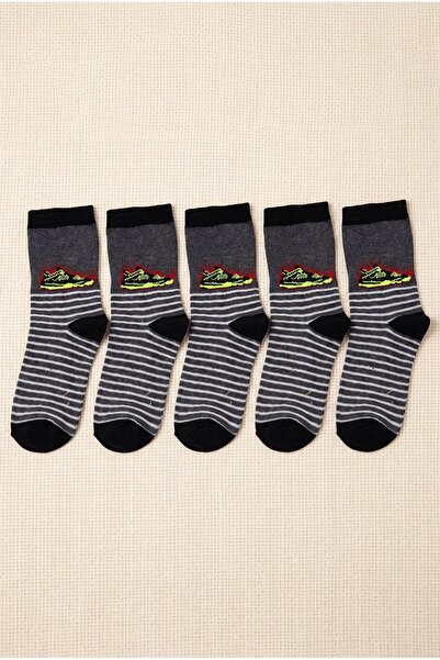 hadiora Boy's Gray 7-8 Years Old Striped Figured 5-Piece Sock Set