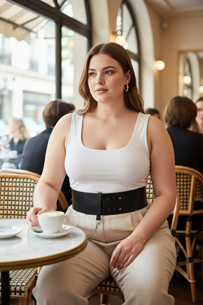 Angels Passion Plus Size Black Women's Belt Corset Model with Chain Detail