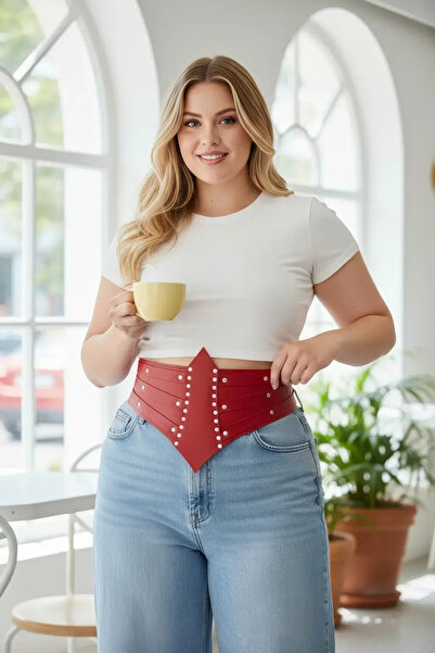 Angels Passion Plus Size Red Women's Belted Corset with Staple Detail
