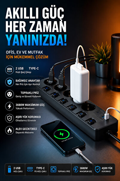 asua 5'li Akım Korumalı Topraklı Çoklu Priz 3680W 2 USB-A + 2 Type-C Hızlı Şa...