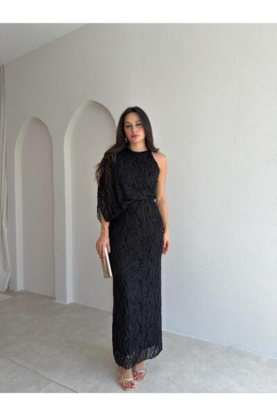 Mooi Butik ATINA Ασημί Φόρεμα Μάξι με Έναν Ώμο 4026 - Μαύρο