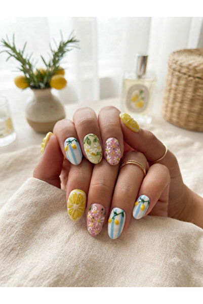 Shades On Nails Handmade Press-On Nails Set - Size Short 3D Lemon Slice Medit...