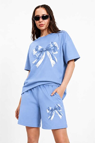 ZAVIXO Women's Bow Printed Shorts Set with Oversized Short Sleeve T-Shirt and...