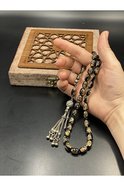 Onurlu Tesbihane Golden Rozalin Uçak Camı Tesbih Siyah 8x12 mm Erkek Tesbihi