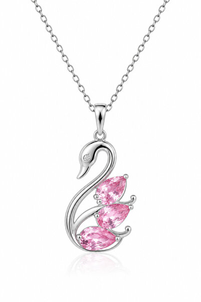 Bilsen Store Tamamı 925 Ayar Pembe Taşlı kuğu Kolye