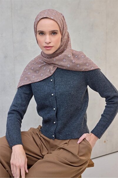 Silk Home Cotton Polyester Soft Scarf Geometric Pattern Dark Beige 90X90