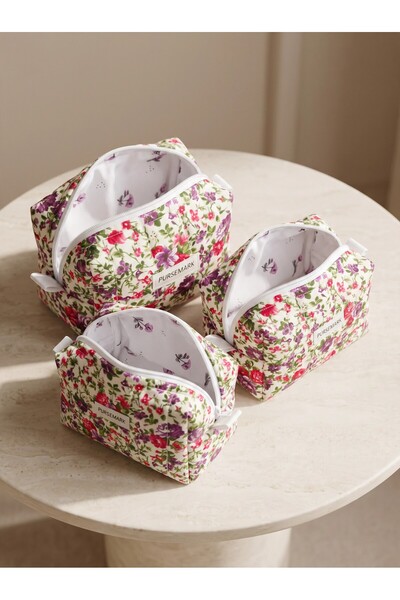 PURSEMARK Beige Floral Patterned Quilted Handmade (Set of 3) Makeup Bag – Travel Bag