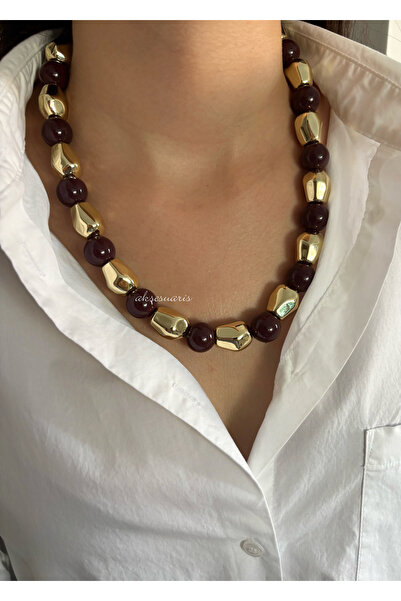 aksesuaris Brown Gold Bead Women's Necklace